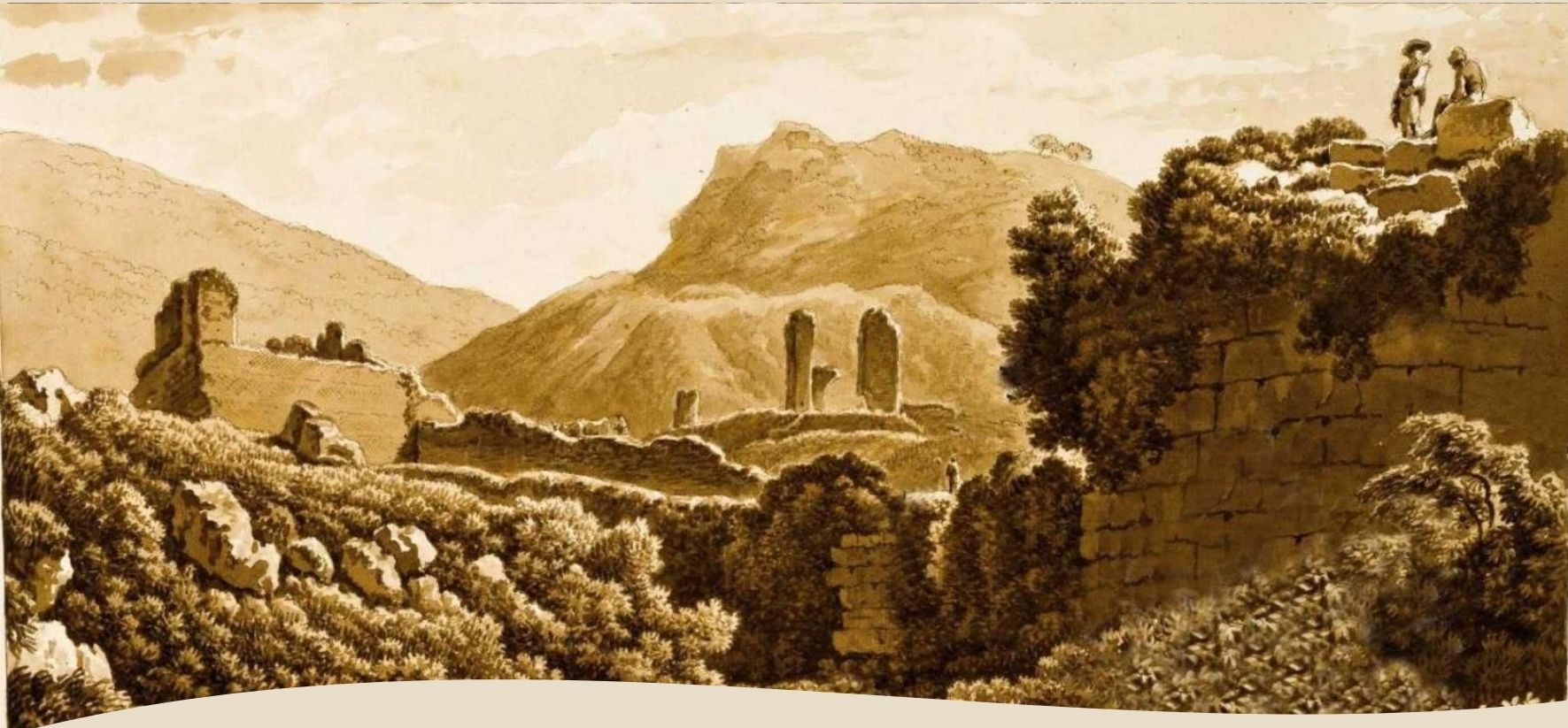 Rovine antiche su una collina con figure su un muro di pietra