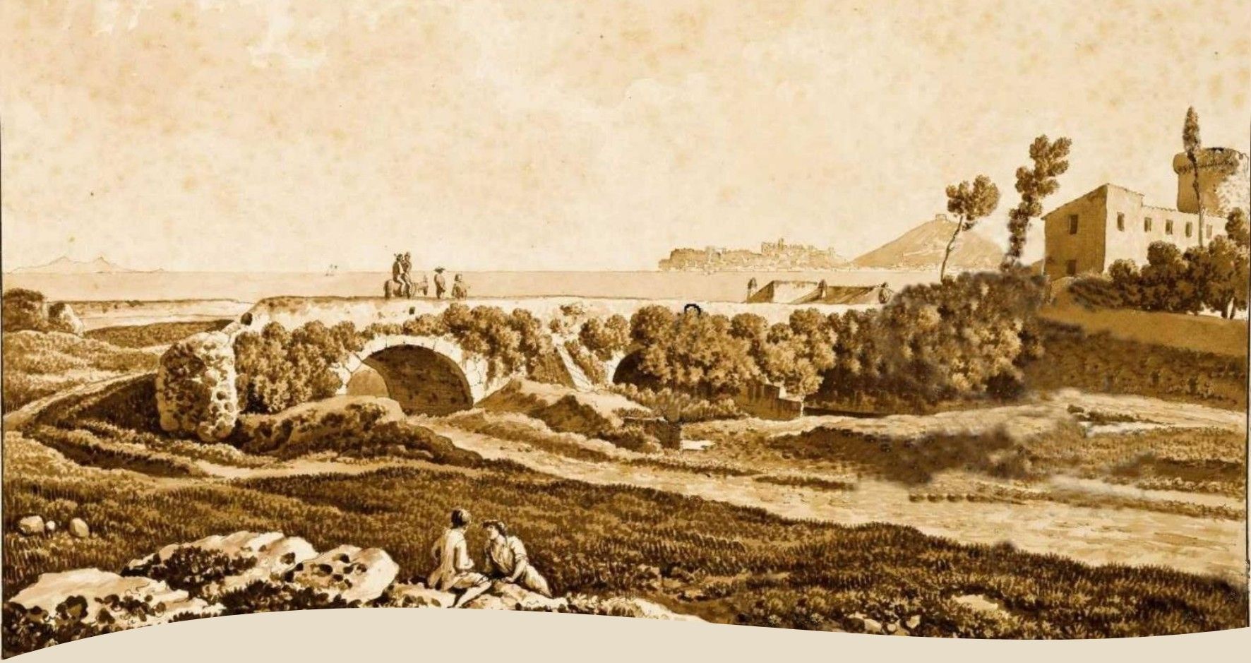 Ponte di pietra ad arcate con figure e edifici sullo sfondo