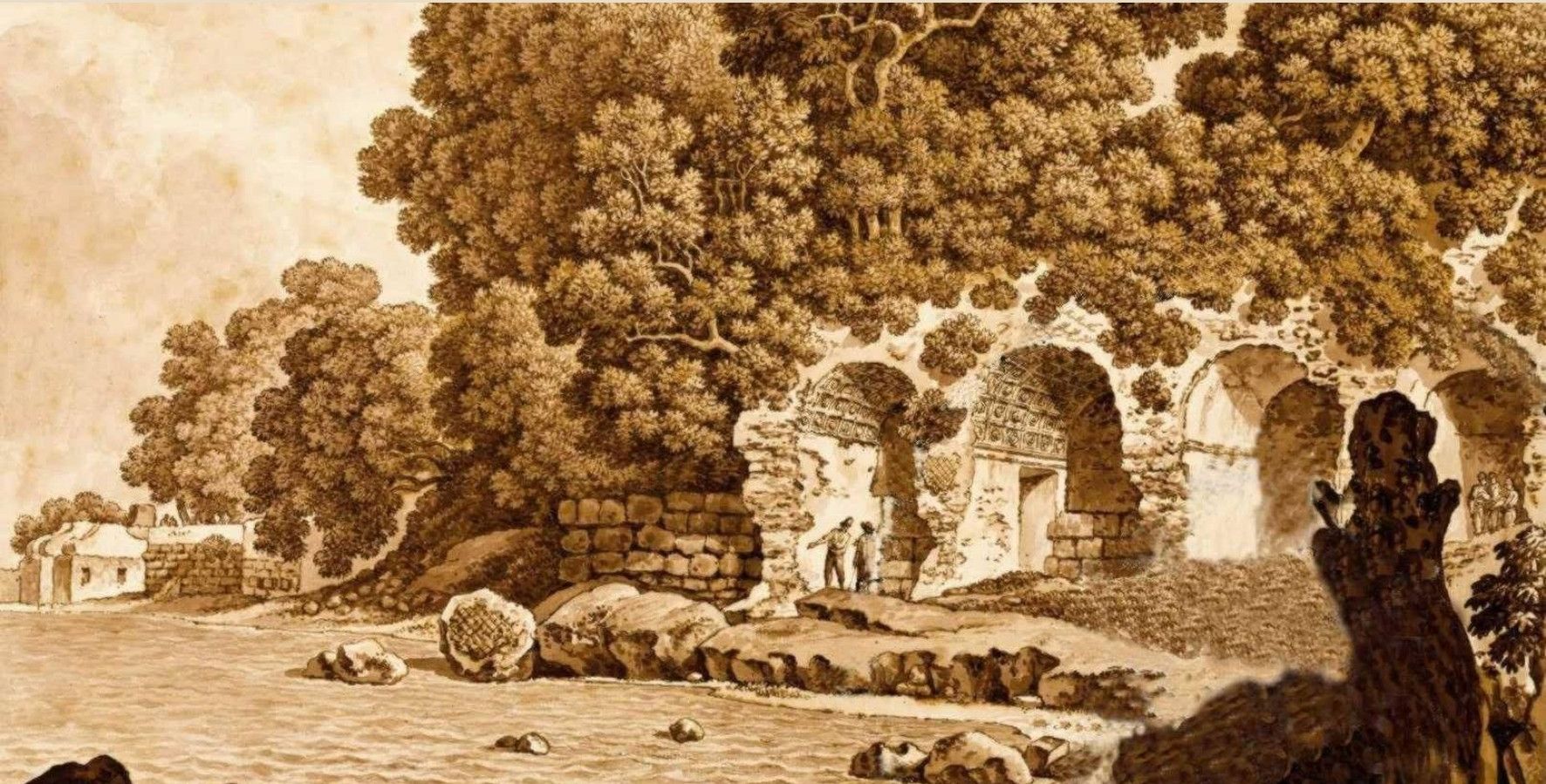 Rovine romane sul mare con alberi e figure