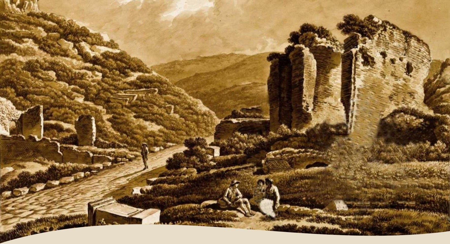 Rovine antiche in un paesaggio collinare con viandanti lungo il sentiero