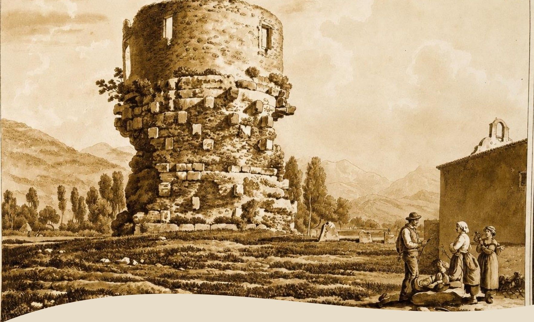 Torre in rovina in un paesaggio rurale con figure nei pressi
