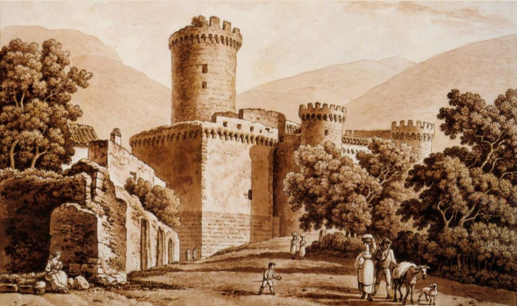 Acquerello raffigurante il Castello di Fondi con mura e paesaggio circostante